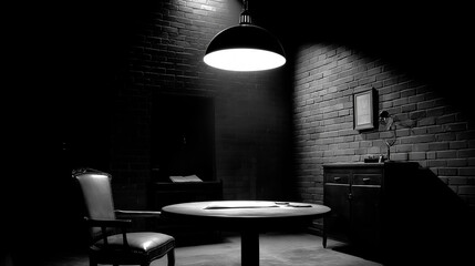 Retro interrogation room with single overhead lamp