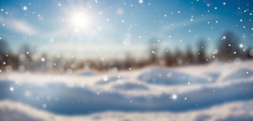 A snowy forest at sunset with pine trees, golden sunlight, and falling snowflakes, creating a dreamy and tranquil winter wonderland scene.