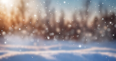 Naklejka premium A snowy forest at sunset with pine trees, golden sunlight, and falling snowflakes, creating a dreamy and tranquil winter wonderland scene.