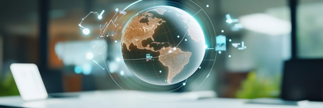 Futuristic digital hologram planet earth rotating in empty office visualizing global business and technology, data analysis and modern digitalization