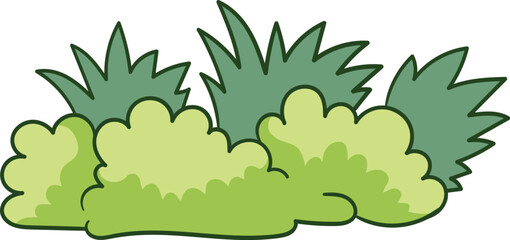 Cartoon bush with round and spiky green leafy shapes illustration