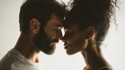 Tender moment between a couple touching foreheads expressing love and deep emotional connection.