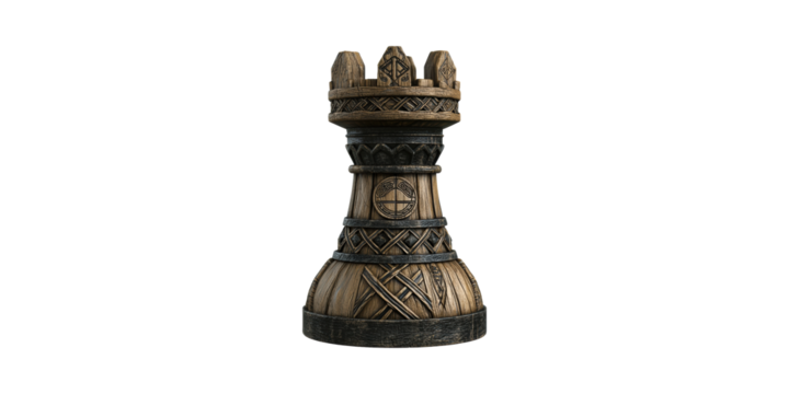 Wooden Rook Chess Piece With Intricate Carvings. Symbol Of Strategy And Medieval Craftsmanship Isolated On Transparent Background