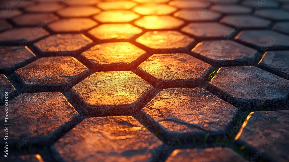 Aufkleber close-up view of a paved surface with hexagonal blocks.