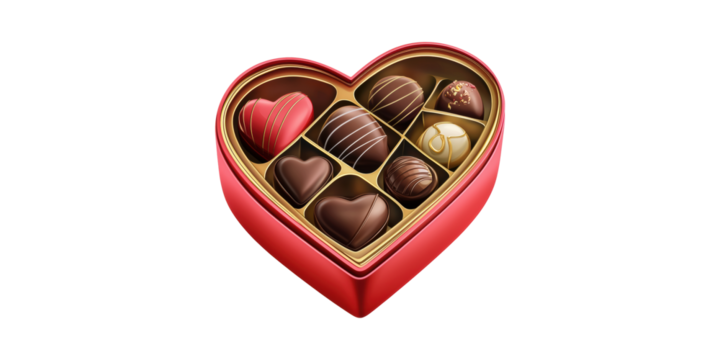 Heart-Shaped Box Of Assorted Chocolates. Romantic Gift And Sweet Indulgence For Special Occasions Isolated On Transparent Background