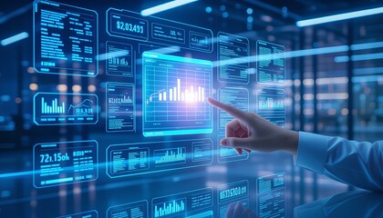 Advanced technology interfaces display financial analytics, graphs, charts, and data in futuristic digital environments