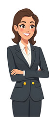 Confident businesswoman in dark suit smiling with arms crossed, professional and approachable