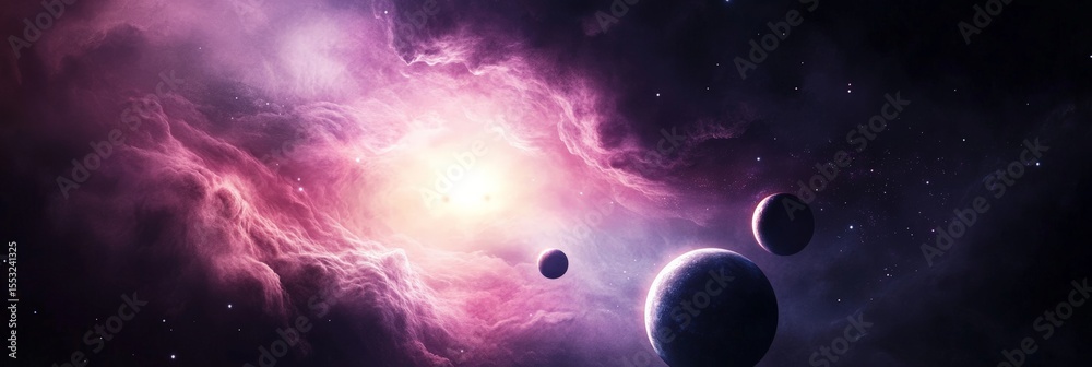 Poster Planets are orbiting a bright star in a distant galaxy, surrounded by colorful nebulae and cosmic dust, creating a breathtaking view of deep space