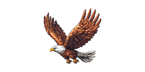 Obraz premium Pixel Art Bald Eagle In Flight. Symbol Of Freedom And Strength In Retro Style Isolated On Transparent Background