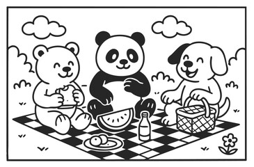 coloring book fun illustration for artistic panda bear and cute dog on picnic