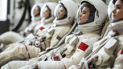 A group of astronauts in white space suits sit in a row, preparing for a mission or training session, focused and ready for space exploration.