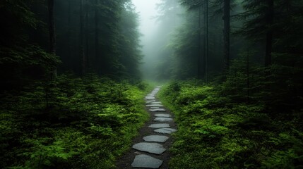 Obraz premium A serene and enchanting misty forest pathway, surrounded by lush greenery, inviting wanderers to explore the peaceful beauty of nature's embrace.