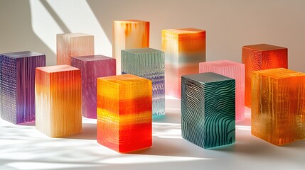 Colorful vibrant artful glass cubes art installation studio shot on white abstract background with shadow