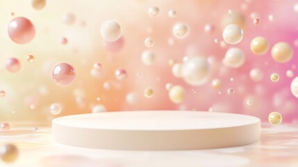 Modern 3D Podium with Floating Gradient Spheres in Soft Tones for Product Presentation or Awards Ceremony