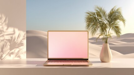 Laptop Mockup on Minimalist Desk with Desert Screen and Pastel Background


