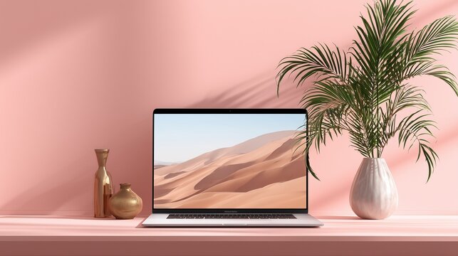 Laptop Mockup on Minimalist Desk with Desert Screen and Pastel Background

 - Powered by Adobe