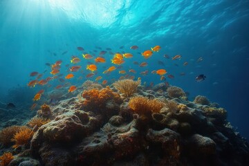 Fototapeta premium Underwater scene of vibrant orange fish swimming above a coral reef with sunlight filtering through clear blue water
