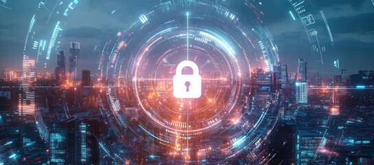 Futuristic cityscape at dusk with digital glowing lock symbol and circular holographic interface representing cybersecurity and data protection