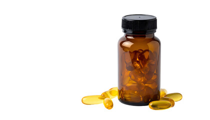 Fish Oil Capsules in Amber Glass Bottle on Black Background: Omega-3 Supplement for Health and Wellness