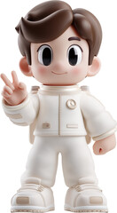 Fototapeta premium 3D Cartoon Boy in White Space Suit Making Peace Sign