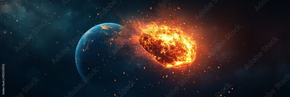 Poster Planet earth facing imminent impact from a massive, fiery asteroid, triggering a catastrophic and apocalyptic event within the solar system, unleashing destruction and chaos