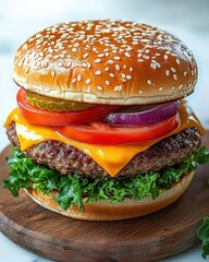 Close-up of a juicy cheeseburger with sesame seed bun, cheddar cheese, lettuce, tomato, pickles, and red onion on a wooden board