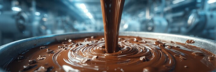 Chocolate being poured into a mixing vat at a confectionery factory during the production process in the afternoon