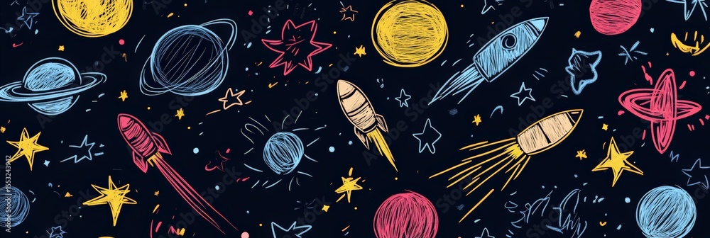 Aufkleber seamless cosmic pattern featuring planetary elements, rockets, and starry bodies forming dynamic spa