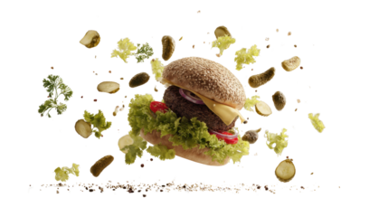 Floating Burger on white background: A tasty burger with fresh vegetable ingredients falling down around burger with herbs.
