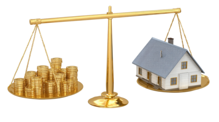 Real Estate Investment: A visual metaphor that perfectly captures the essence of real estate investment, with a scale balancing stacks of coins against a miniature house.