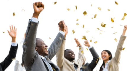 Team triumph and confetti shower: A diverse team of professionals celebrates a major achievement, their arms raised amidst a shower of celebratory confetti, expressing pure joy and success.