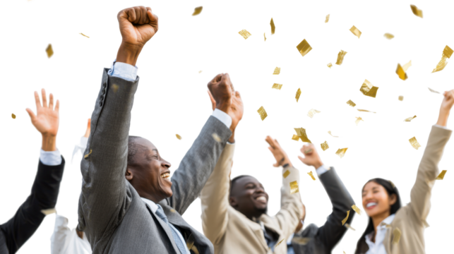 Team triumph and confetti shower: A diverse team of professionals celebrates a major achievement, their arms raised amidst a shower of celebratory confetti, expressing pure joy and success. - Powered by Adobe