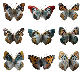 Collection of butterflies isolated on transparent background.