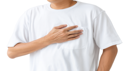 A Man Holding His Chest: A middle-aged man with a furrowed brow clutching his chest in discomfort, the image suggesting heart health concerns.