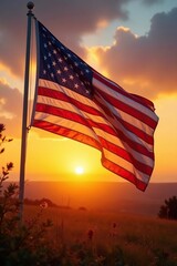 Obraz premium American flag at sunrise, backlit, golden light, usa, beautiful, bright