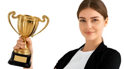 Woman Holding a Gold Trophy: Confident woman displaying a gold trophy, embodying success and achievement.