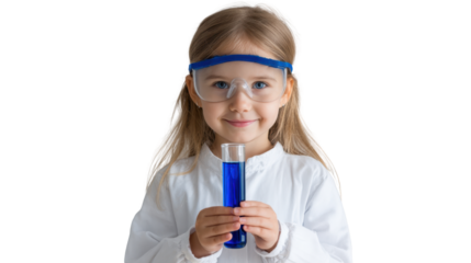 Curious Explorer: A young girl, eyes sparkling with wonder, holds a vibrant test tube filled with blue liquid, showcasing her exploration and imagination