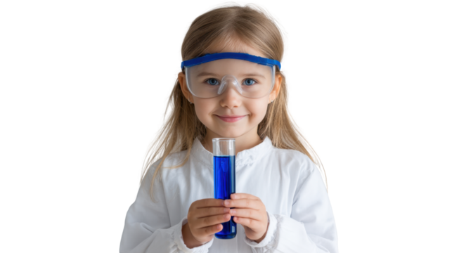 Curious Explorer: A young girl, eyes sparkling with wonder, holds a vibrant test tube filled with blue liquid, showcasing her exploration and imagination