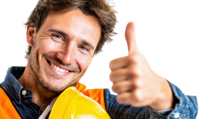 Construction worker giving a thumbs up: A confident construction worker wearing a safety vest and a helmet gives a thumbs up, embodying optimism and expertise in his field.