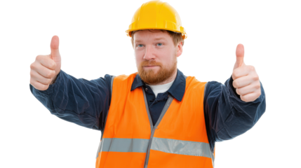 Thumbs Up Confidence: A construction worker gives a double thumbs up, radiating confidence and approval while wearing essential safety gear, symbolizing positivity. 