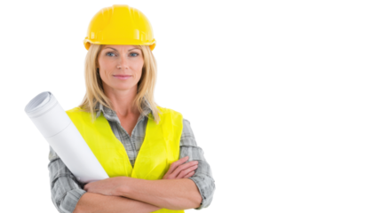 Confident Female Architect: A portrait of a confident female architect, arms crossed, holding blueprints, wearing a yellow hard hat and safety vest.