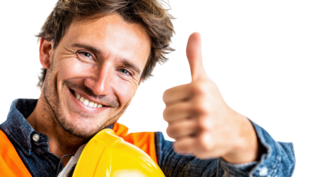 Construction worker giving a thumbs up: A confident construction worker wearing a safety vest and a helmet gives a thumbs up, embodying optimism and expertise in his field.