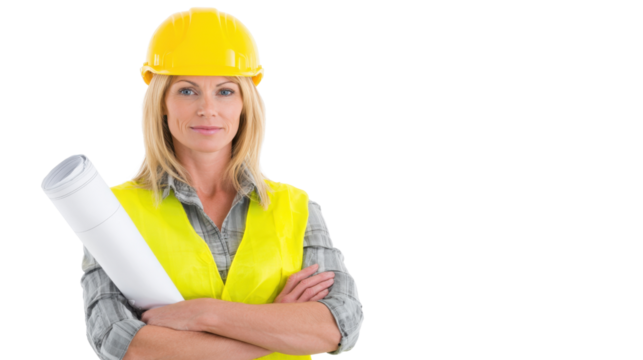 Confident Female Architect: A portrait of a confident female architect, arms crossed, holding blueprints, wearing a yellow hard hat and safety vest.