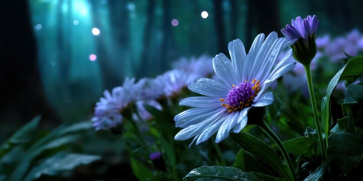 Wildflowers bloom in a misty forest during twilight, showcasing nature's beauty in soft light