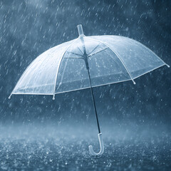 Transparent umbrella in heavy rainstorm, clear waterproof dome shelter, rainfall protection concept, stormy weather photography, raindrops falling scene, monsoon mood, wet surface blue background