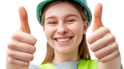 Happy Engineer: A smiling female engineer wearing a green hard hat gives a double thumbs up, conveying a sense of accomplishment, confidence and success in her profession.