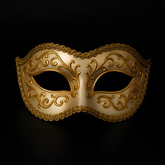 Golden ornate masquerade mask close up, elegant carnival party costume accessory, luxury decorative disguise, vintage Venetian mask with intricate details isolated on black, mystery ball fashion conce