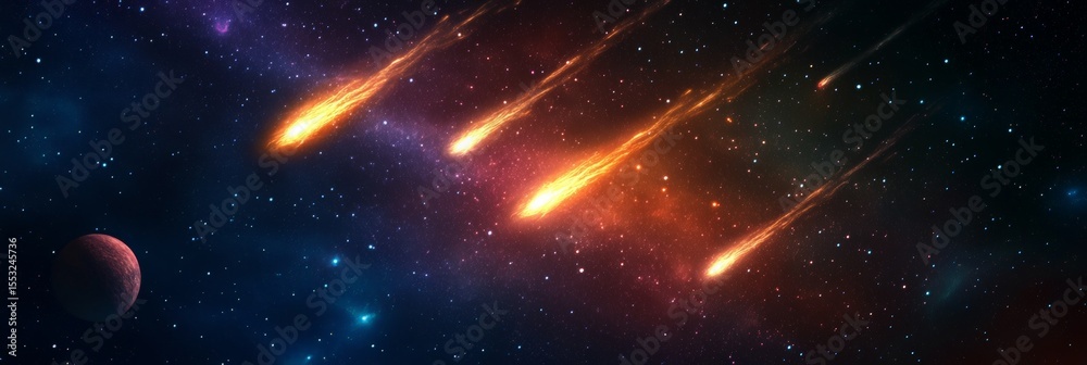 Aufkleber Four burning asteroids are falling towards a planet in a colorful deep space scene with stars, nebulae and galaxies, creating a dramatic and captivating cosmic event