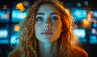 Close up portrait of young woman with blue eyes looking up in colorful glowing futuristic environment with blurred digital screens in background