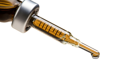 CBD Oil Dropper Close-Up: A close-up shot of a dropper filled with golden CBD oil, highlighting the clarity and purity of the extract, poised to deliver a single, potent drop.